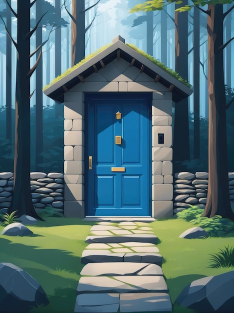 Niebieskie drzwi w zacienionym lesie z kamiennym chodnikiem i kamiennym płotem