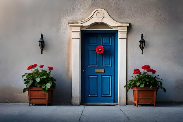 niebieskie drzwi z czerwonym kwiatem