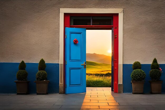 niebieskie drzwi z czerwonymi drzwiami i niebieskie drzwi z zachodem słońca za nimi.
