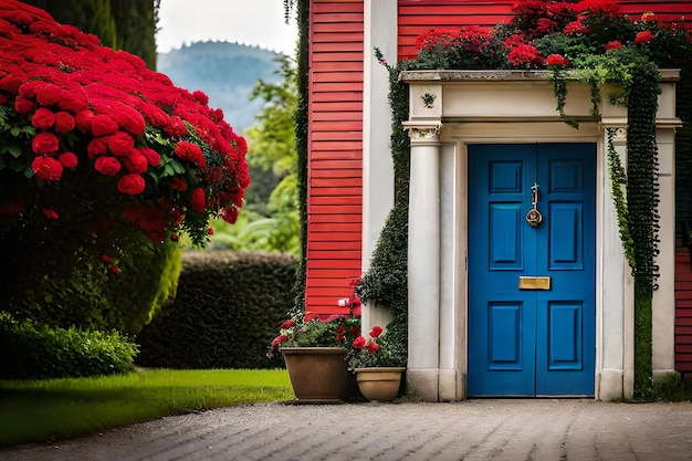 niebieskie drzwi z doniczką czerwonych róż