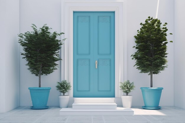 Niebieskie drzwi z dwoma drzewami doniczkowymi z przodu generatywnej AI