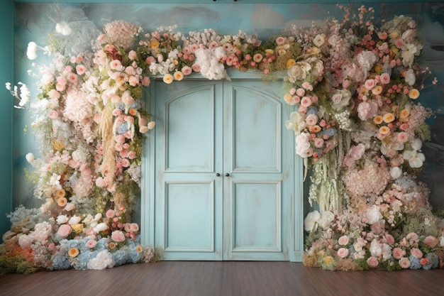 Niebieskie drzwi z kwiatami na nim