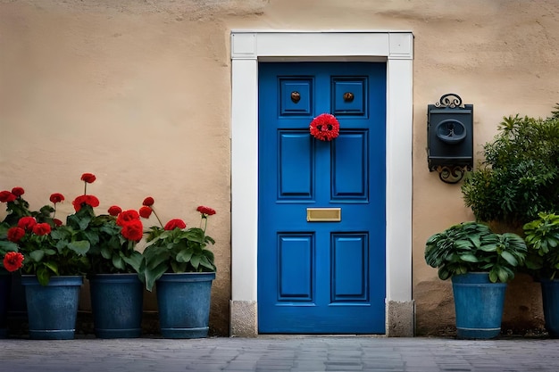 niebieskie drzwi z niebieskimi drzwiami i roślinami doniczkowymi przed nimi