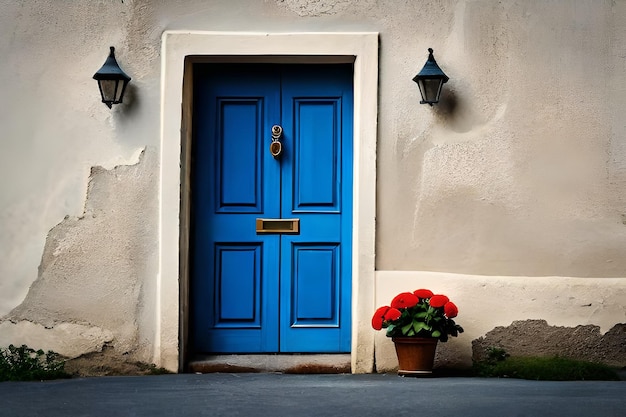 niebieskie drzwi z żółtymi drzwiami i doniczką kwiatów przed nimi.