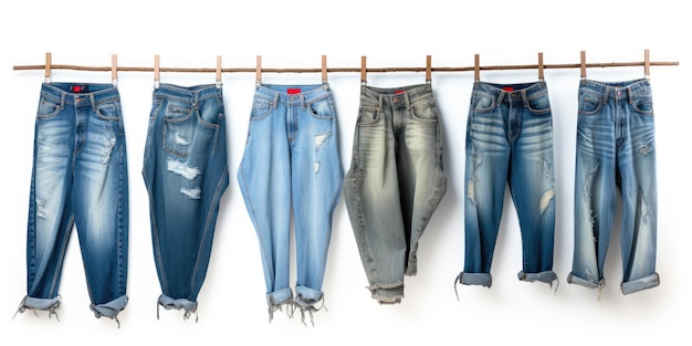 Niebieskie dżinsy, koszula i szorty, dżinsy wiszące i niebieskie podarte dżinsy izolowane