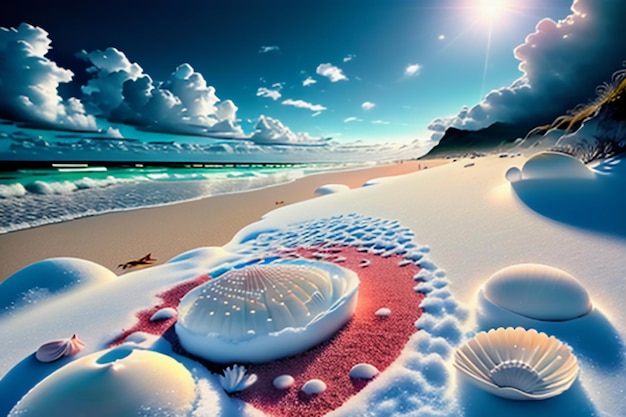 Niebieskie fale morskie w zmierzchu wschód słońca zachód słońce z różowymi kwiatami różowe muszle muszle sól morska na piaszczystej plaży