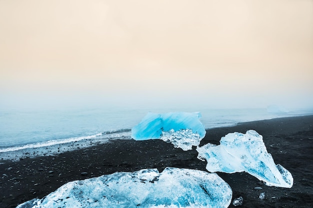 Niebieskie góry lodowe na plaży z czarnym wulkanicznym piaskiem. Piękne wybrzeże Oceanu Atlantyckiego, południowa Islandia