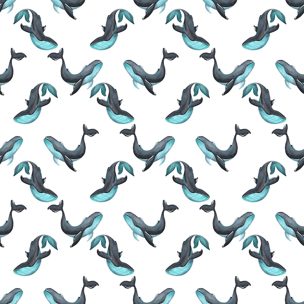 Niebieskie i czarne wieloryby na białym tle Akwarela ilustracja Jednolity wzór z dużego zestawu WIELORYBÓW Do tekstyliów tkaniny tapety papier do pakowania pościel dodatki odzieżowe