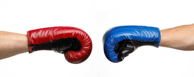 Niebieskie i czerwone rękawice bokserskie. Konfrontacja i pojedynek. Walcz i walcz.