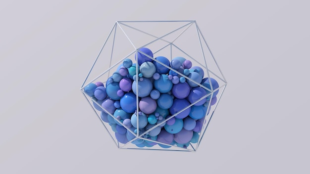 Niebieskie i fioletowe kulki wewnątrz metalicznego wielościanu Streszczenie ilustracji renderowania 3d