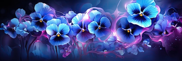 niebieskie i fioletowe pansy w stylu delikatnego realizmu czarne tło