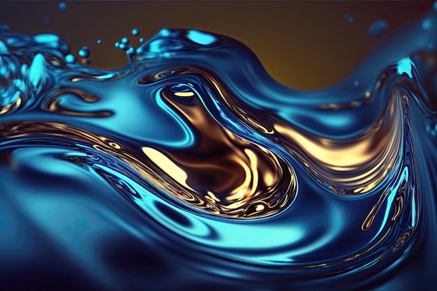 Niebieskie i złote abstrakcyjne płynne fale tło płyn płynącej wody ruchu tekstury Generative AI