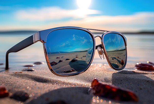 niebieskie i złote lustrzane okulary przeciwsłoneczne na plaży obok wody w stylu filtrów podczerwieni
