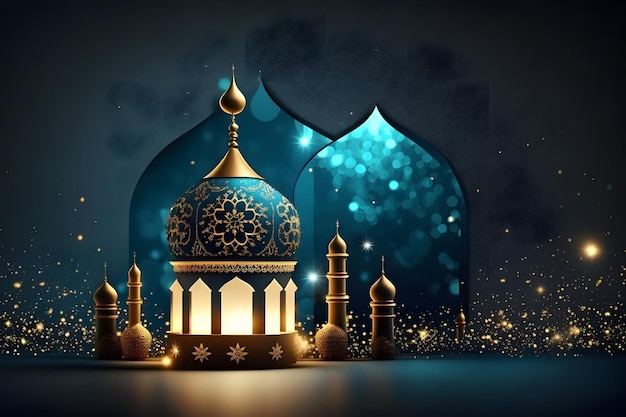 Niebieskie i złote tło z meczetem i światłami.