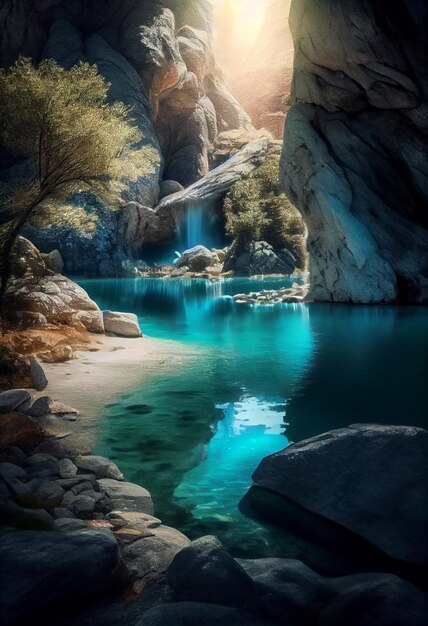 Niebieskie jezioro między majestatycznymi skałami wygenerowane przez sztuczną inteligencję