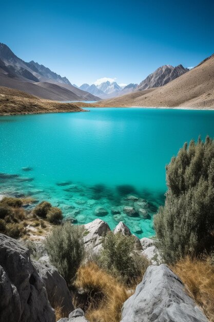 Niebieskie jezioro w górach z nazwą leh