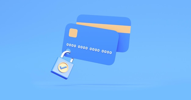 niebieskie karty kredytowe z zamkiem zabezpieczającym na niebieskim tle 3D
