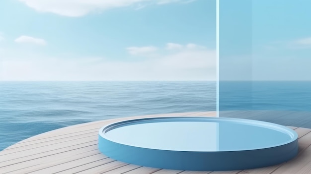 Niebieskie kółko podium na tle oceanu Ilustracja AI Generative
