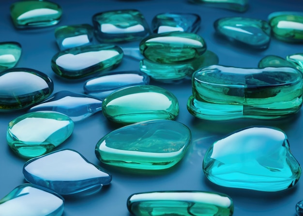 Niebieskie kolorowe przezroczyste szkło kamienie wodne nakładające się abstrakcyjne kompozycja żywych kolorów i spokojnych odblasków