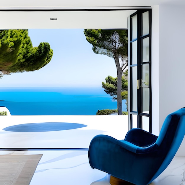 Niebieskie krzesło stoi w salonie z widokiem na morze.