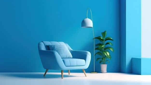 Niebieskie krzesło w pokoju z lampą i rośliną.