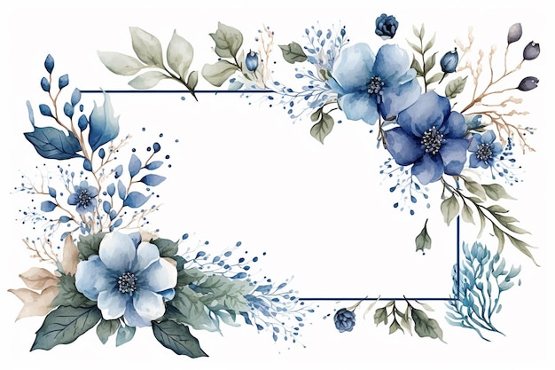 Niebieskie kwiaty akwarela tło ramki