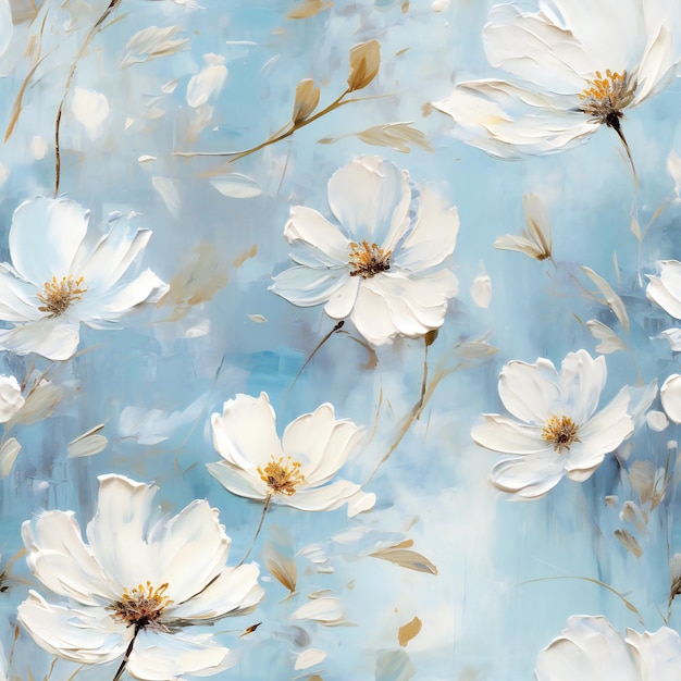 Niebieskie kwiaty farba olejowa białe kwiaty tło wzór