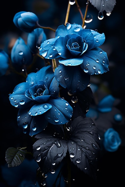 Niebieskie kwiaty z kropelami wody na ciemnym tle