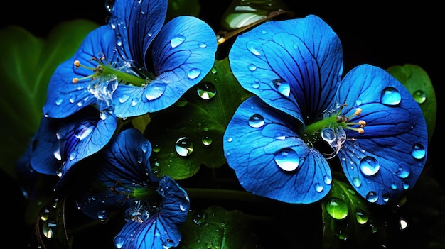 Niebieskie kwiaty z kropelkami wody