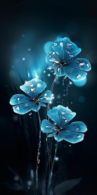 Niebieskie kwiaty z kroplami wody na ciemnym tle