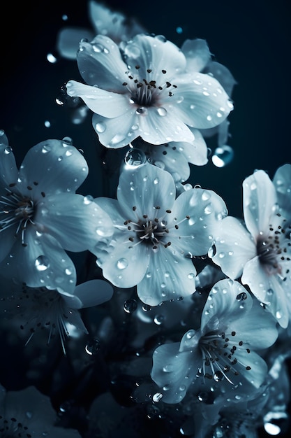 Niebieskie kwiaty z kroplami wody na dole