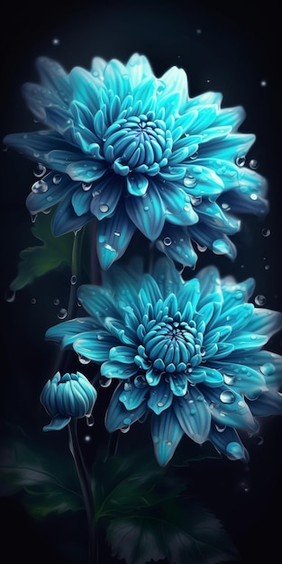 Niebieskie kwiaty z kroplami wody na dole