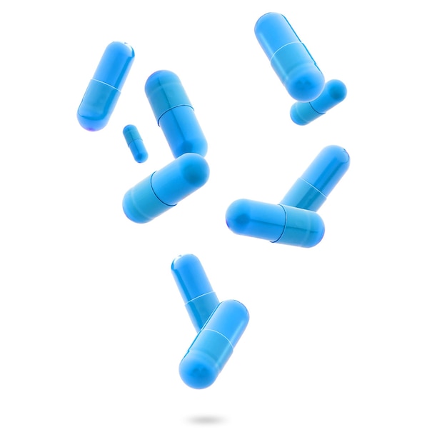 Niebieskie medyczne kapsułki żelowe spadające na białe tło suplement diety pigułki koncepcja apteki