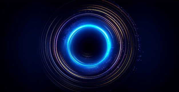 Niebieskie neonowe reflektory panoramiczne abstrakcyjne tło z okrągłym jasnym blaskiem AI wygenerowany obraz
