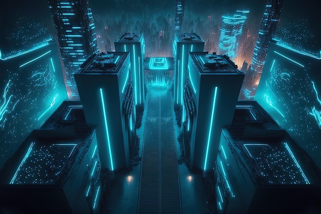 Niebieskie neony oświetlają nocą panoramę opuszczonej metropolii w scenerii science fiction