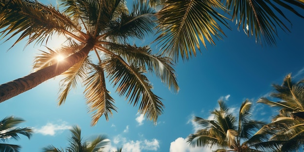 Niebieskie niebo i palmy widok z dołu w stylu vintage tropikalna plaża i letnie tło koncepcja podróży