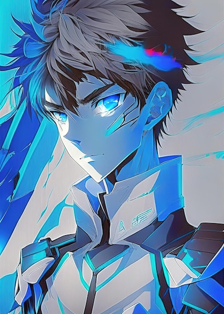 Niebieskie oczy w stylu mangi czyste linie neon genesis evangelion style boy Ai generowane