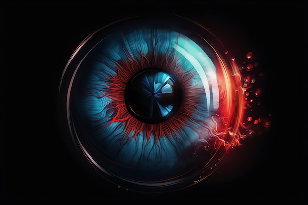 Niebieskie oko z czerwoną plamką pośrodku