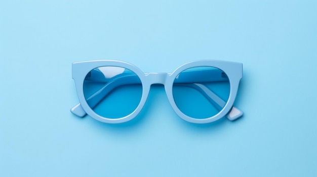 Niebieskie okulary przeciwsłoneczne z niebieską ramką znajdują się na niebieskim tle.