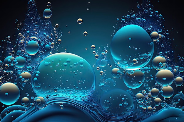 Niebieskie płynne tło fali z pływającymi bąbelkami i błyszczącymi kropelkami stworzonymi za pomocą generatywnej sztucznej inteligencji