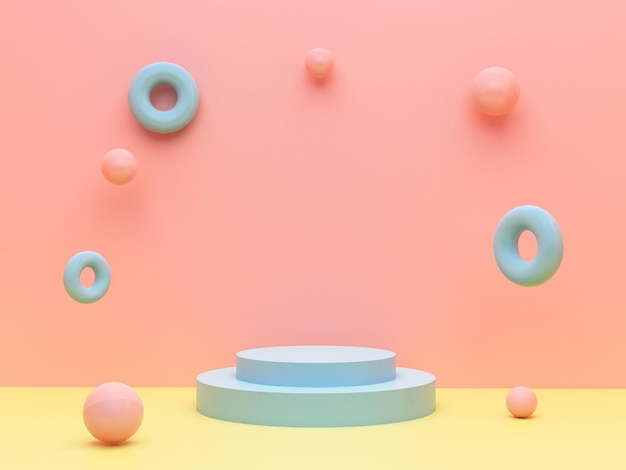 Niebieskie podium sceny otoczone kulkami i gumowymi pierścieniami na pastelowej różowej tapecie Cokół do prezentacji produktu dla dzieci Geometryczny render 3D