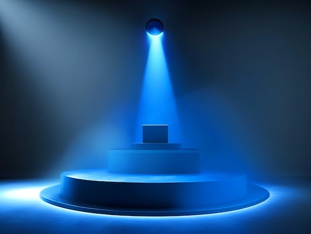 Zdjęcie niebieskie podium z reflektorem i dymem na scenie do projektowania
