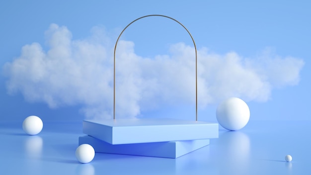 Niebieskie podium ze złotym łukiem i chmurką w tle ekspozycja produktów na stojaku 3D
