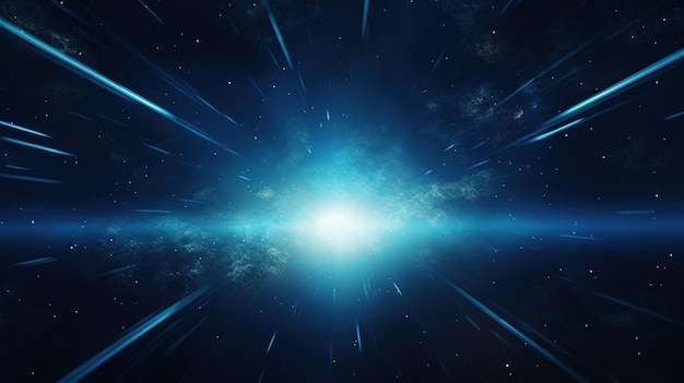 Niebieskie promienie światła tworzą gwiazdę Abstrakcyjne tło kosmiczne AI generatywne