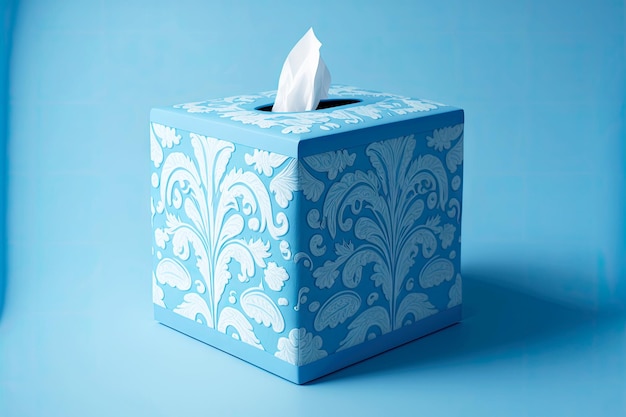 Zdjęcie niebieskie pudełko na chusteczki ze wzorem białego papieru na niebieskim tle