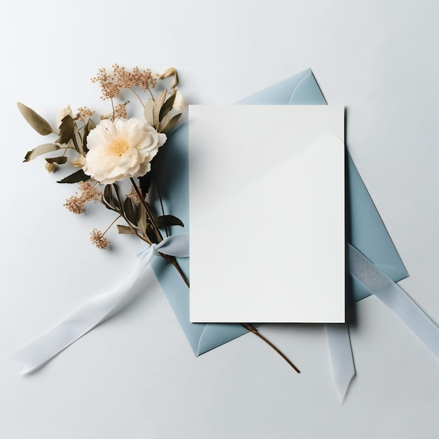 Niebieskie pudełko upominkowe z białą kartką i białym kwiatkiem na wierzchu.