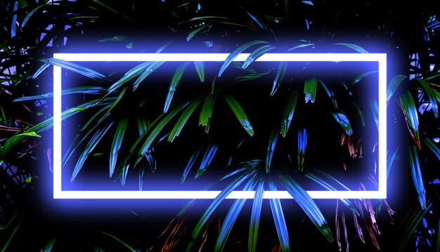 Zdjęcie niebieskie światło neonowe i tło tropikalnych liści oraz prostokątna ramka z poziomym banerem