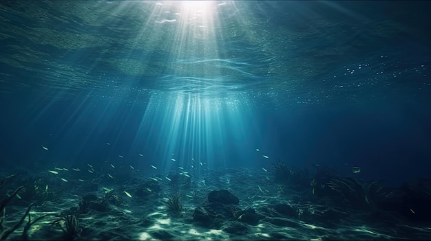 Niebieskie światło słoneczne oświetlające podwodne morze tworzy oszałamiającą fotografię morską Generative AI