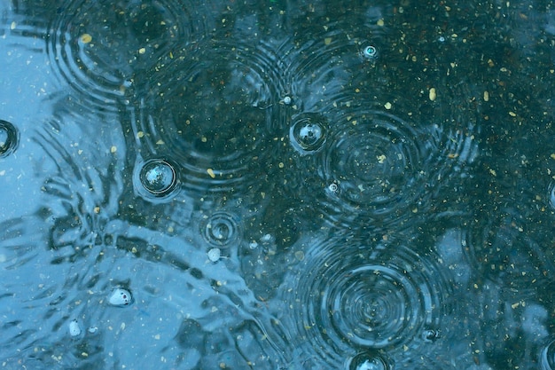 niebieskie tło kałuża deszczu / krople deszczu, kółka na kałuży, bąbelki w wodzie, pogoda jesienna