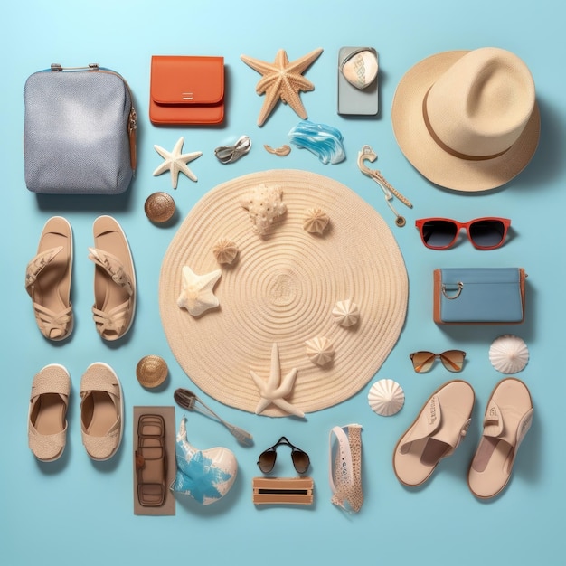 Niebieskie tło z kapeluszem, okularami przeciwsłonecznymi, torbą i torebką z rozgwiazdą.